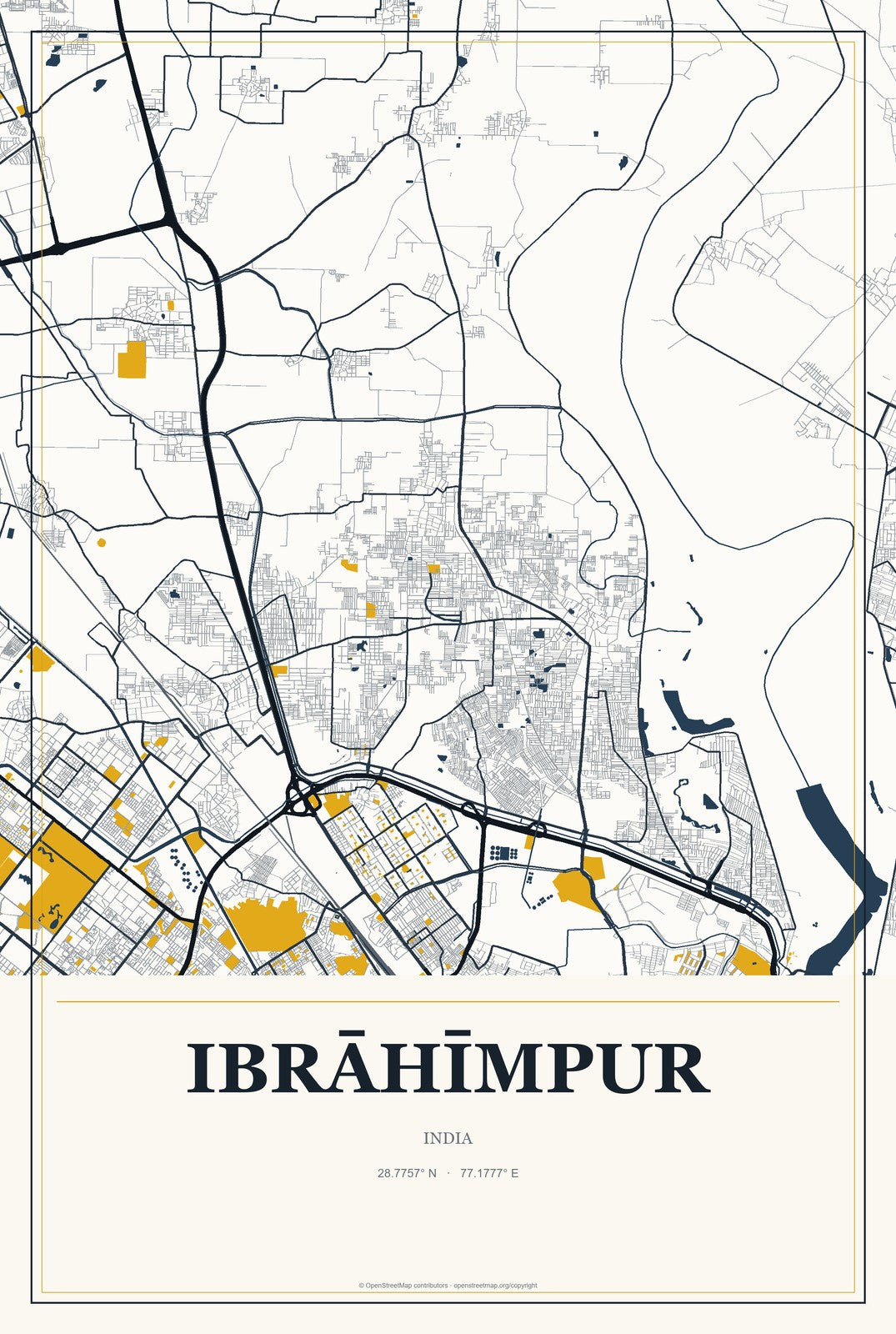 Ibrāhīmpur, India City Map Aluminum Sign in Citrine Modern style