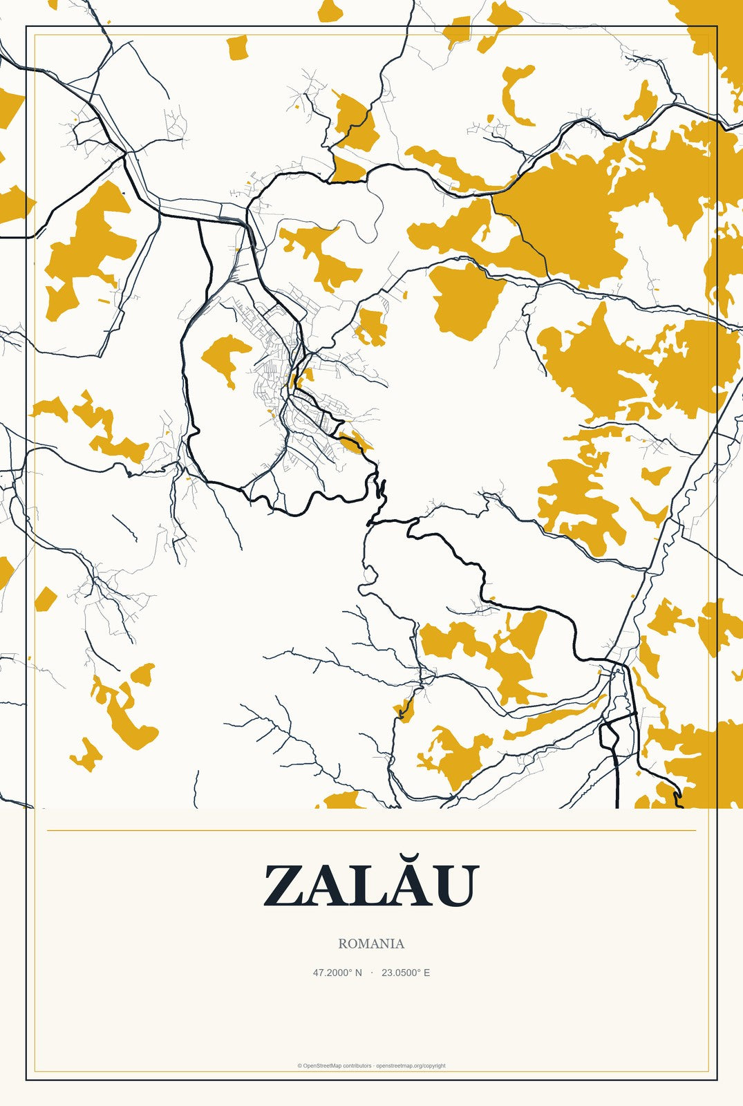 Zalău, Romania City Map Aluminum Sign in Citrine Modern style