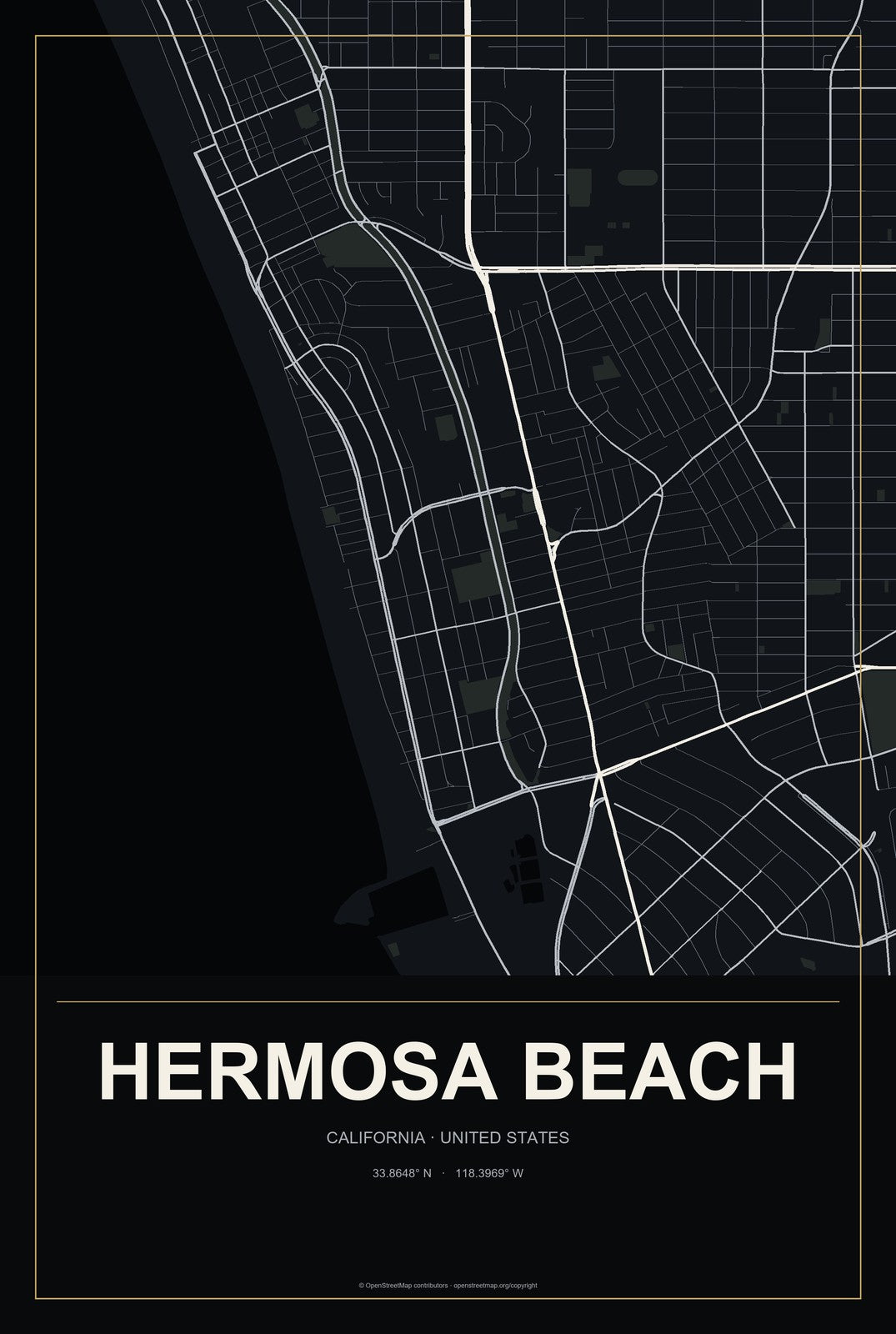 Hermosa Beach, California City Map Aluminum Sign in Metropolitan Noir style