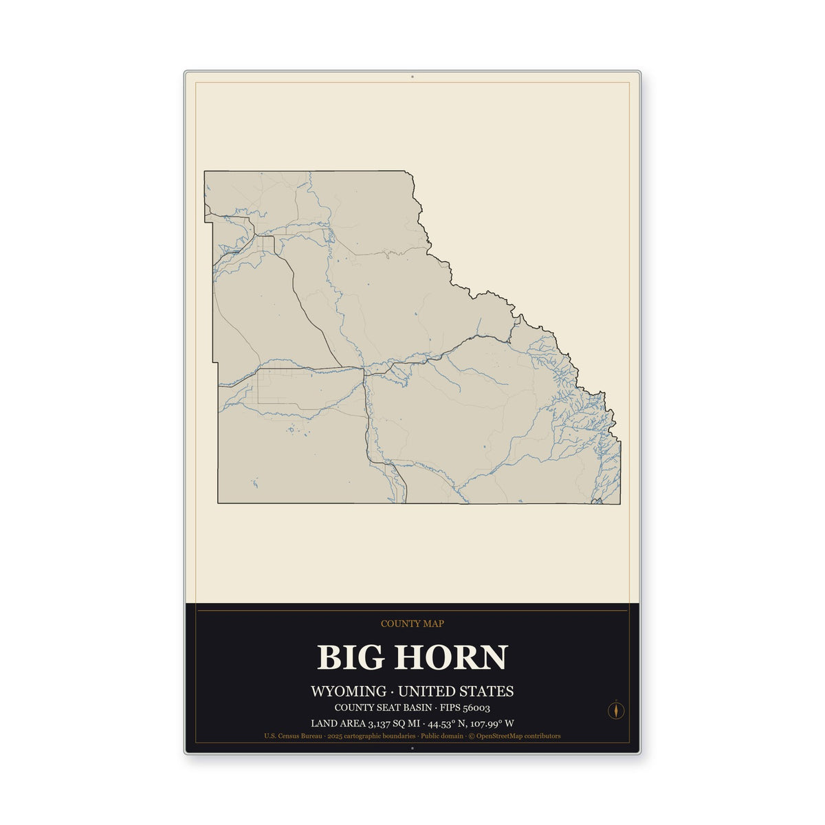 Big Horn County, Wyoming Map Aluminum Sign in Museum Plaque style