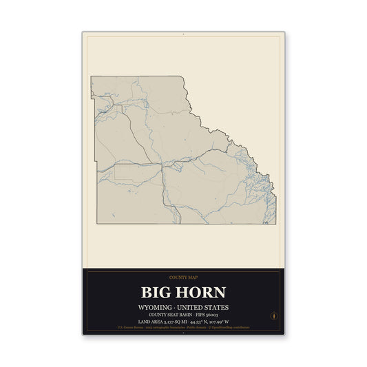 Big Horn County, Wyoming Map Aluminum Sign in Museum Plaque style