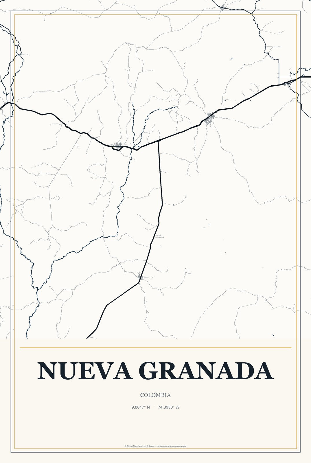 Nueva Granada, Colombia City Map Aluminum Sign in Citrine Modern style
