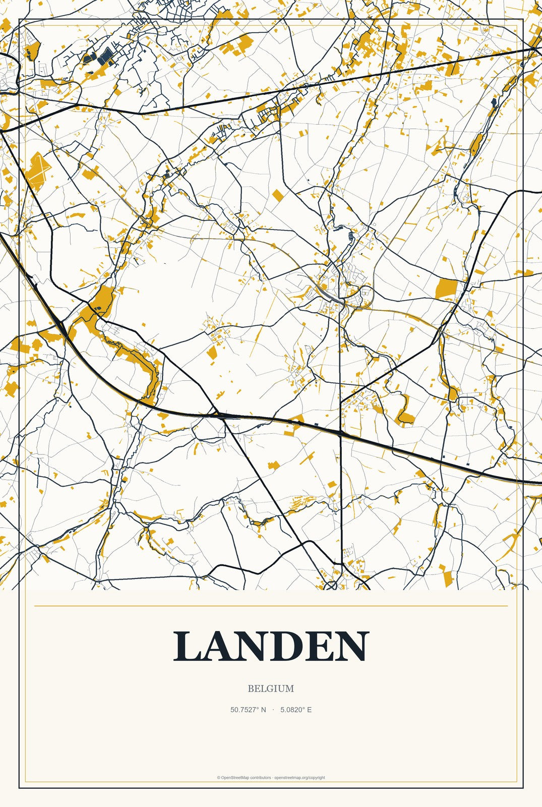 Landen, Belgium City Map Aluminum Sign in Citrine Modern style