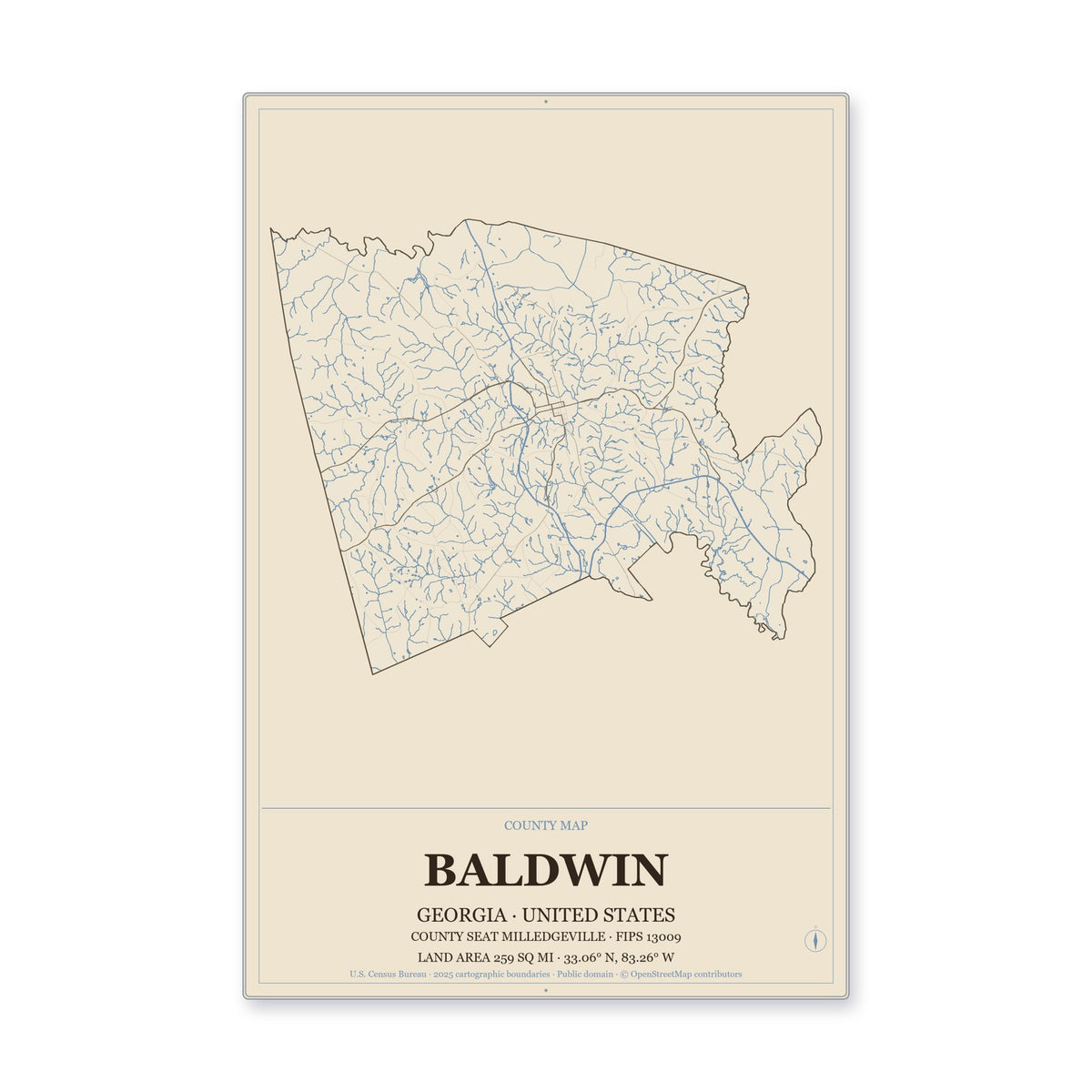 Baldwin County, Georgia Map Aluminum Sign in Heritage Nautical style