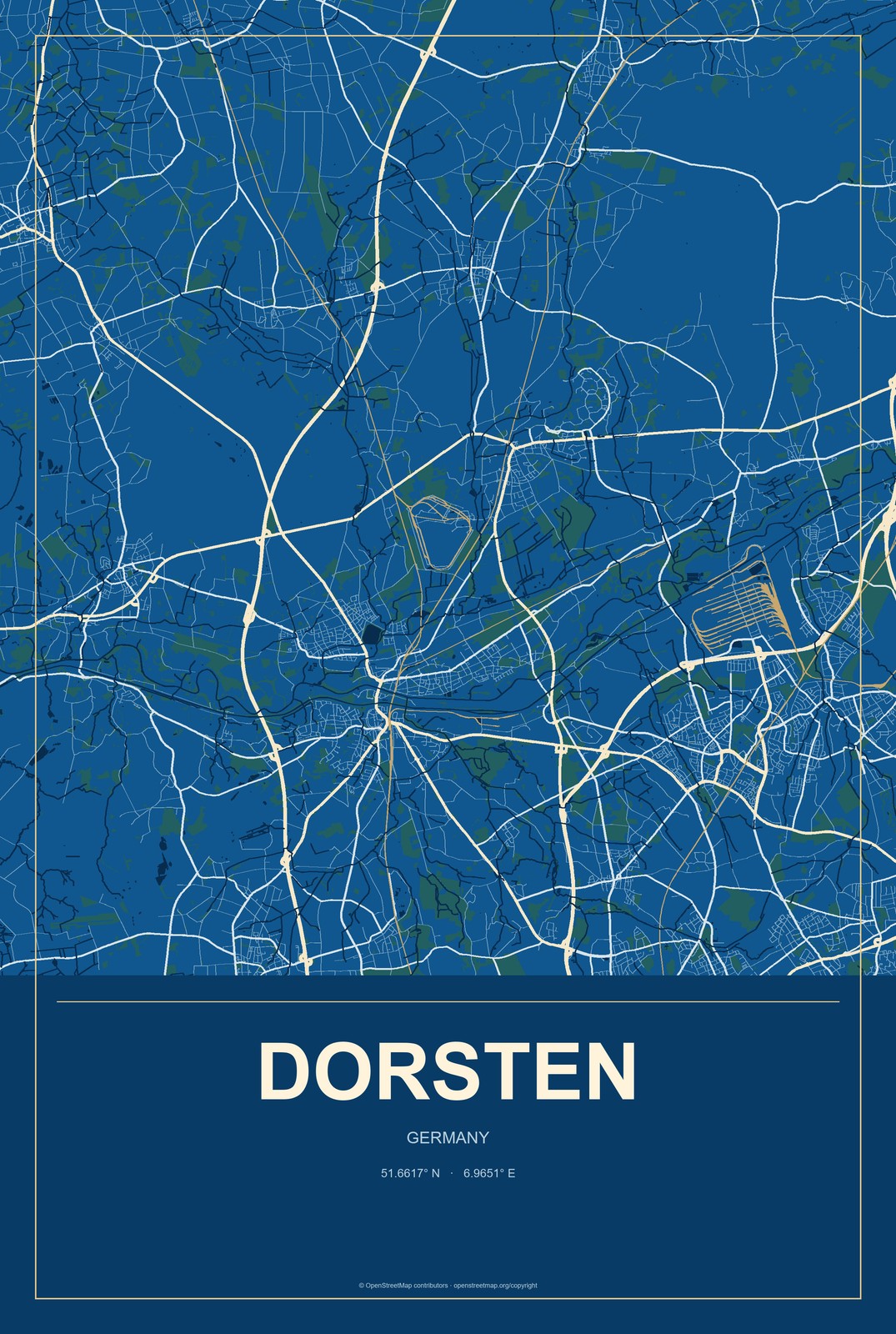 Dorsten, Germany City Map Aluminum Sign in Harbor Cobalt style