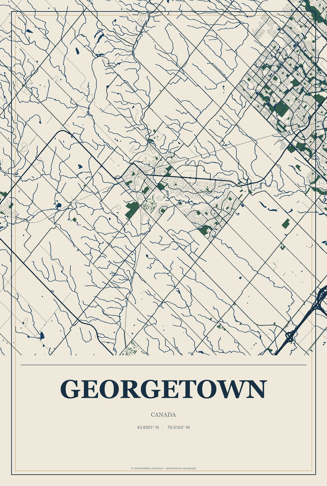 Georgetown, Canada City Map Aluminum Sign in Coastal Cutout style