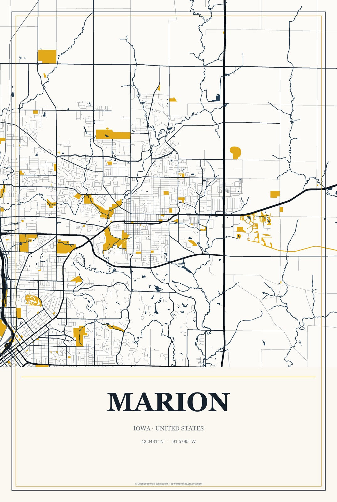 Marion, Iowa City Map Aluminum Sign in Citrine Modern style