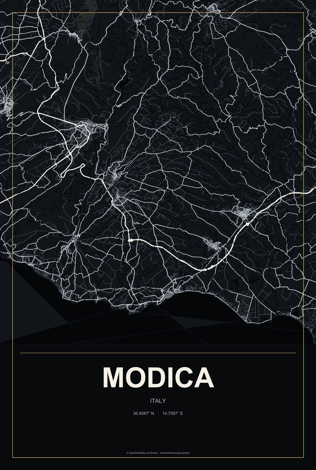 Modica, Italy City Map Aluminum Sign in Metropolitan Noir style