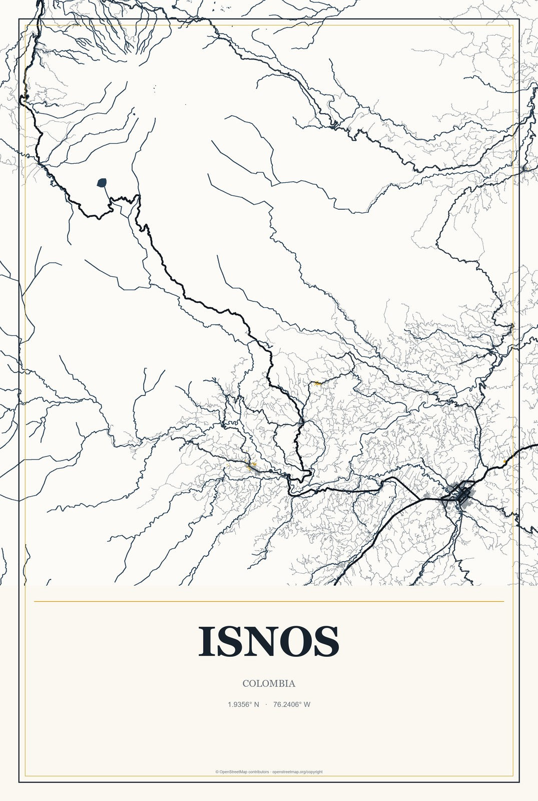 Isnos, Colombia City Map Aluminum Sign in Citrine Modern style