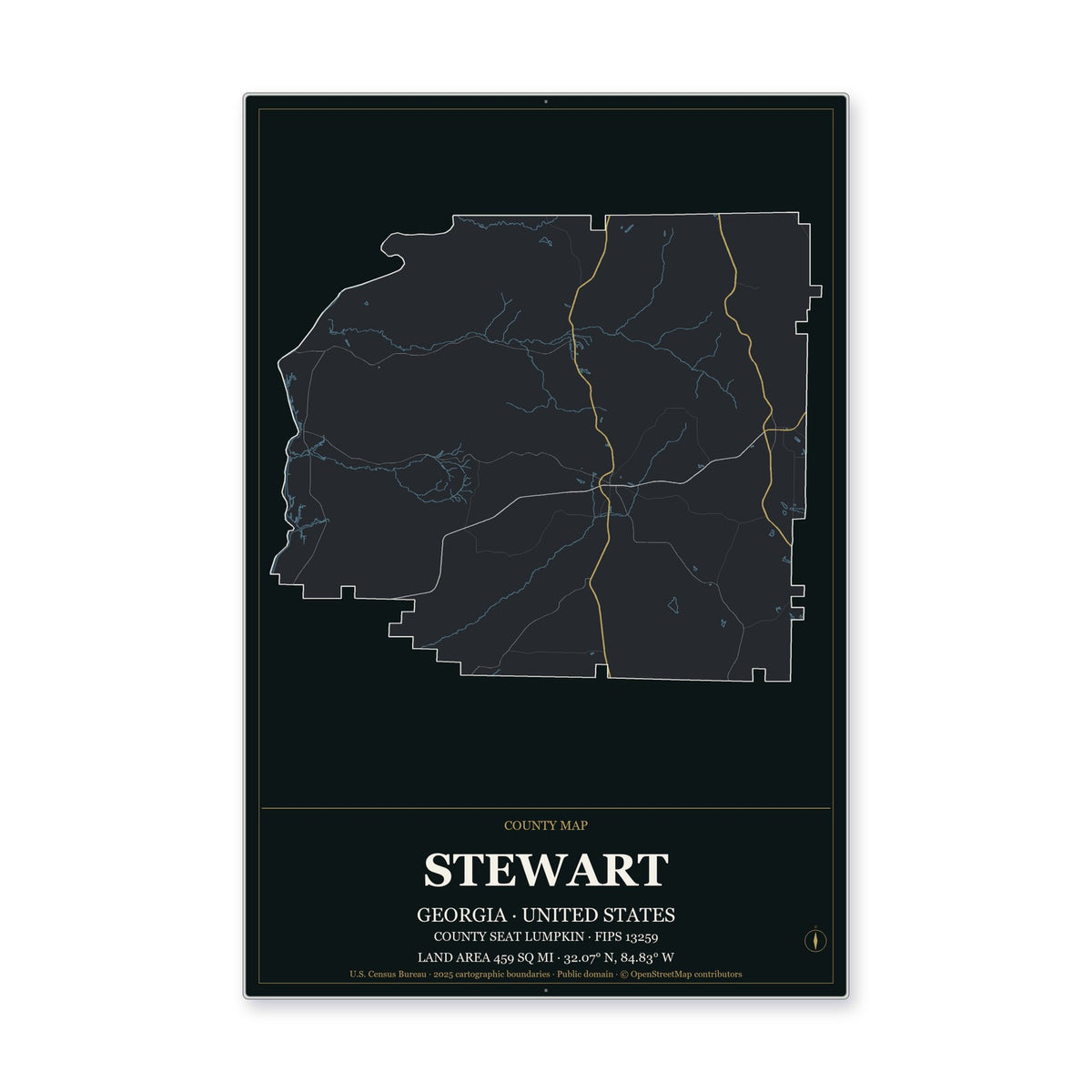 Stewart County, Georgia Map Aluminum Sign in Metropolitan Noir style