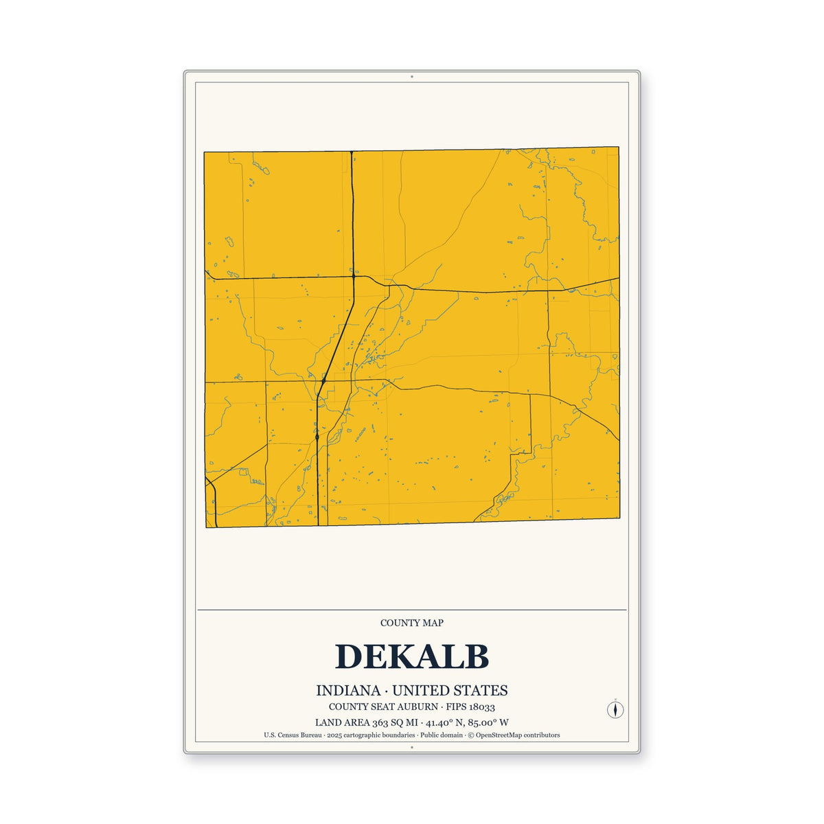 DeKalb County, Indiana Map Aluminum Sign in Citrine Modern style