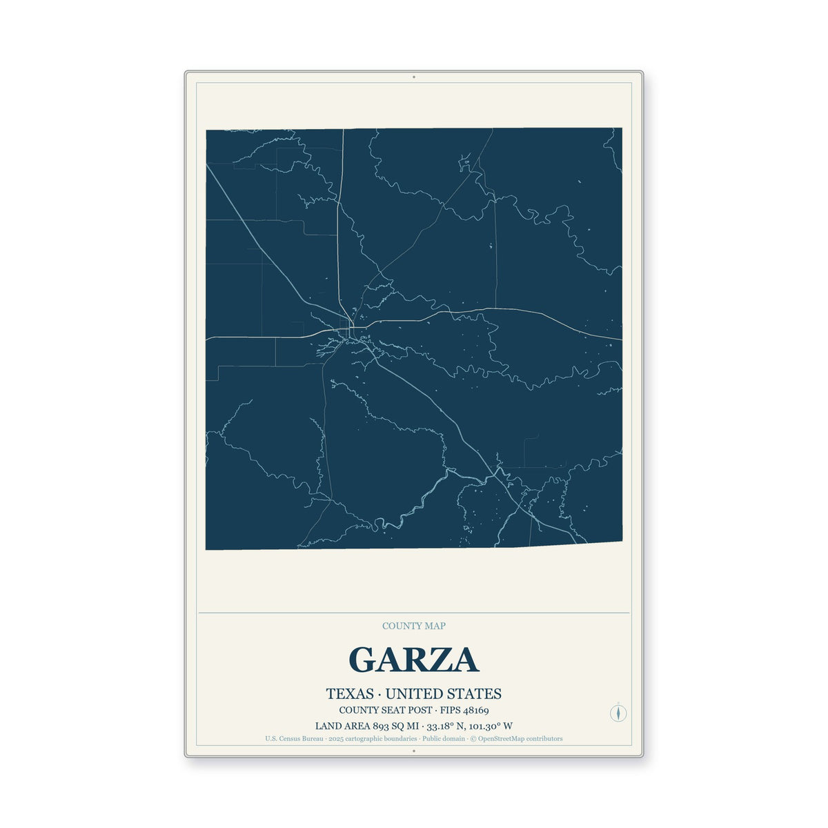 Garza County, Texas Map Aluminum Sign in Coastal Cutout style