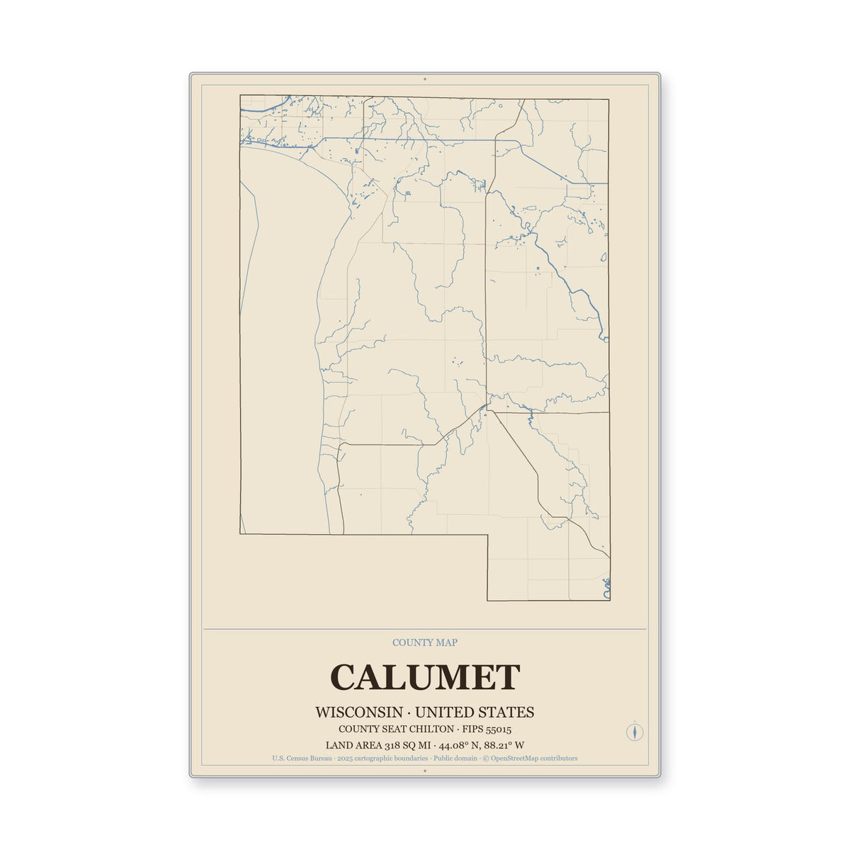 Calumet County, Wisconsin Map Aluminum Sign in Heritage Nautical style