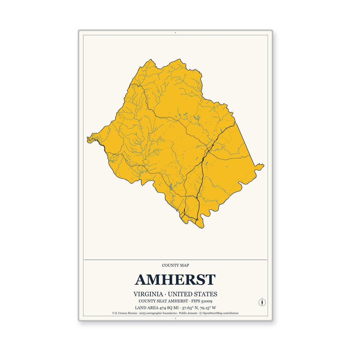 Amherst County, Virginia Map Aluminum Sign in Citrine Modern style