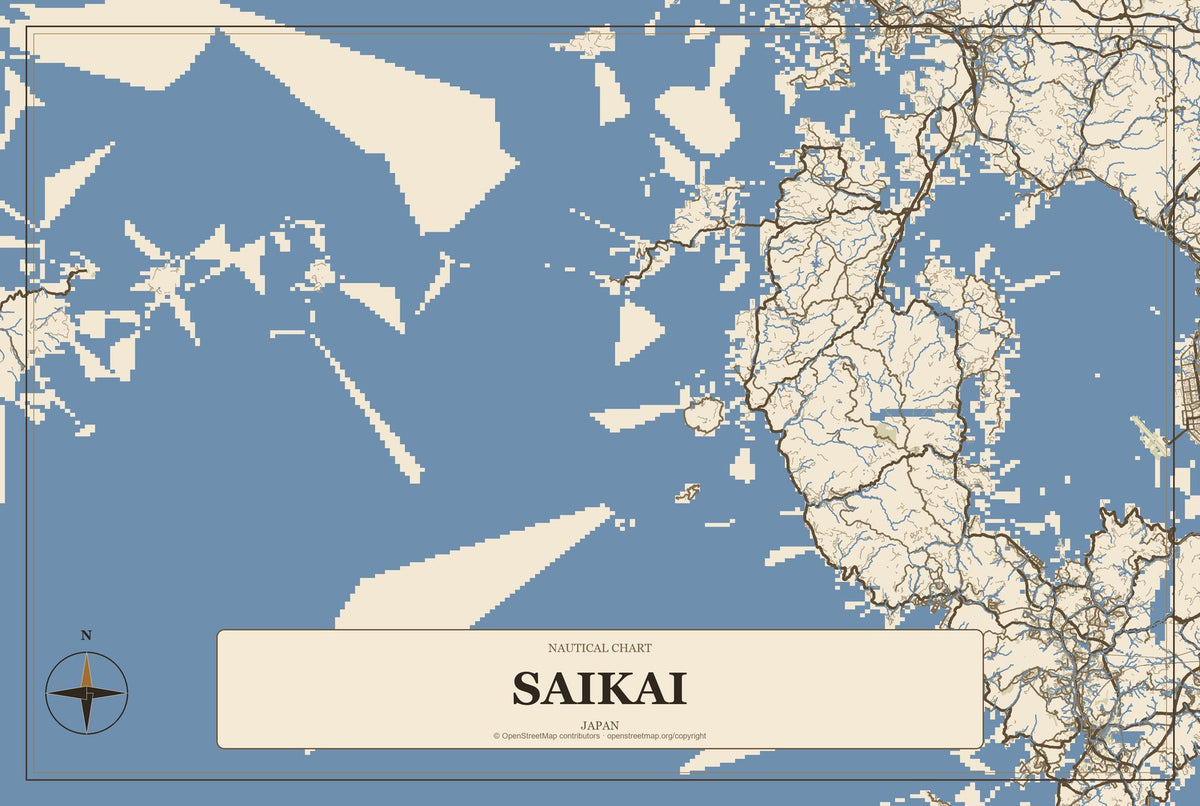 Saikai, Japan City Map Aluminum Sign in Heritage Nautical style