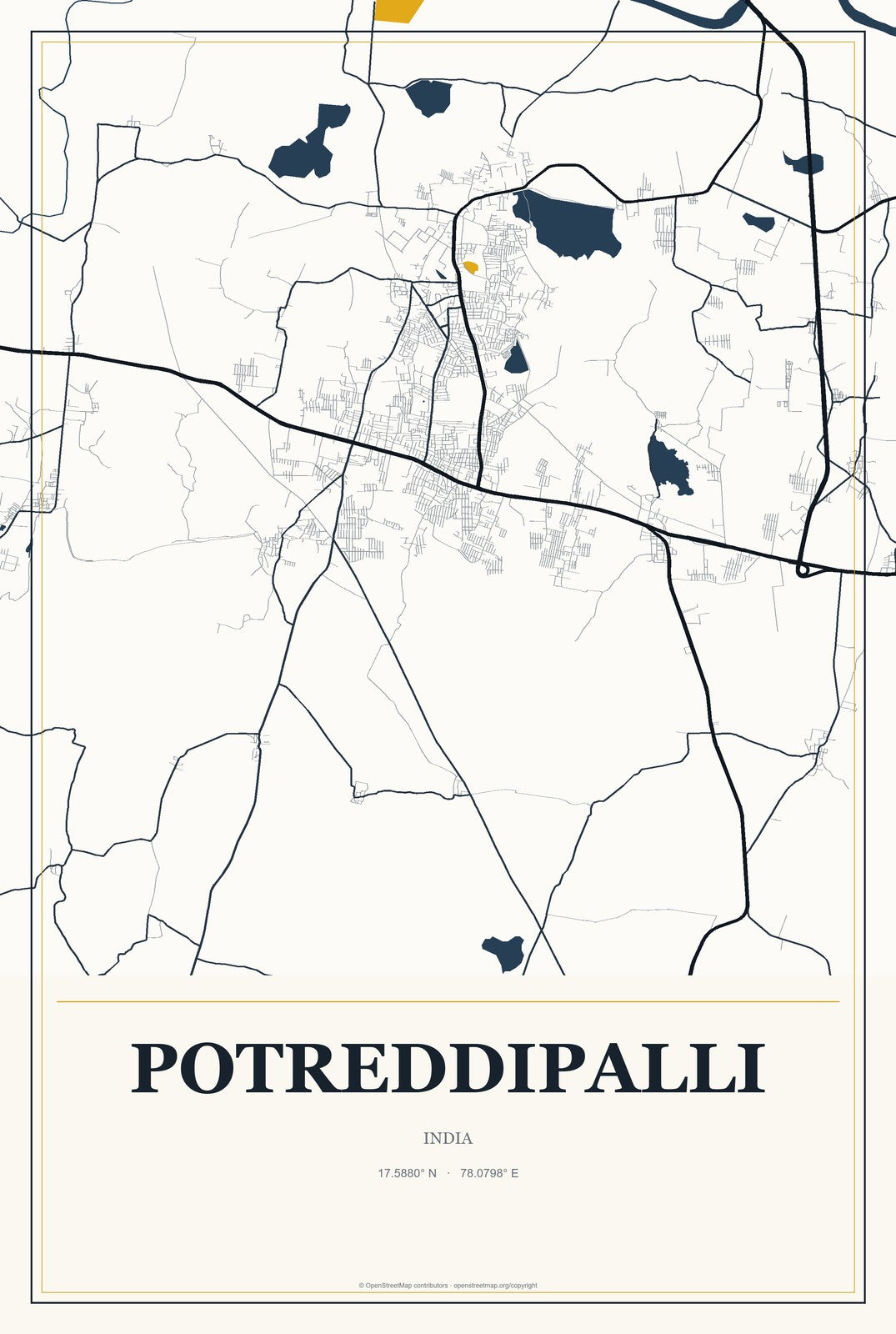 Potreddipalli, India City Map Aluminum Sign in Citrine Modern style