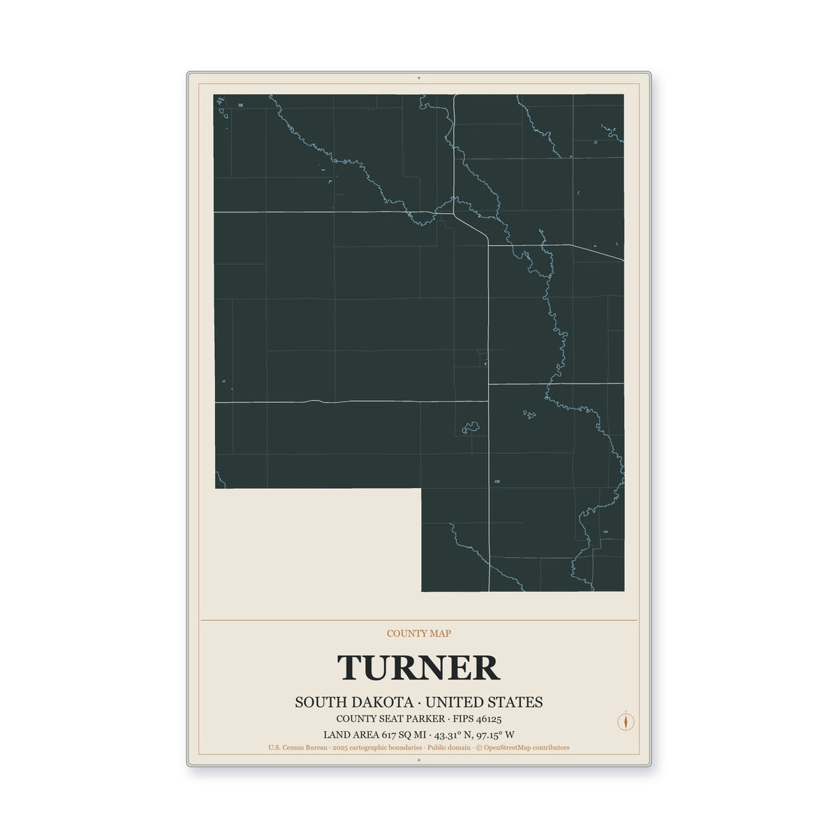 Turner County, South Dakota Map Aluminum Sign in Headline Atlas style