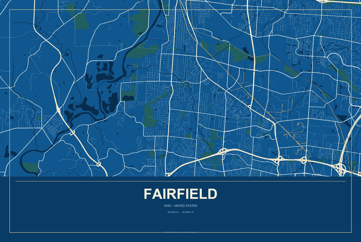 Fairfield, Ohio City Map Aluminum Sign in Harbor Cobalt style