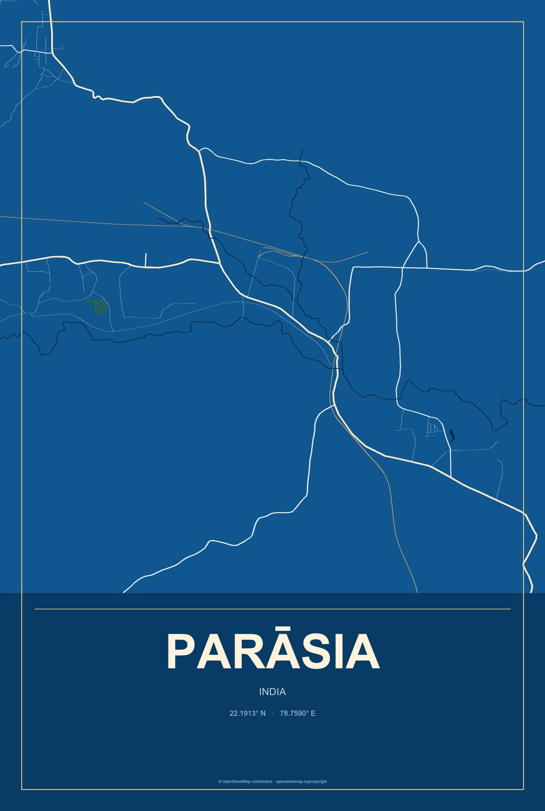 Parāsia, India City Map Aluminum Sign in Harbor Cobalt style