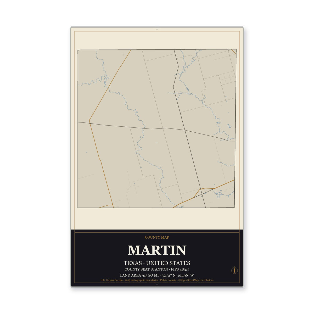 Martin County, Texas Map Aluminum Sign in Museum Plaque style