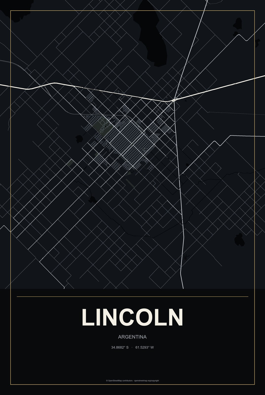 Lincoln, Argentina City Map Aluminum Sign in Metropolitan Noir style