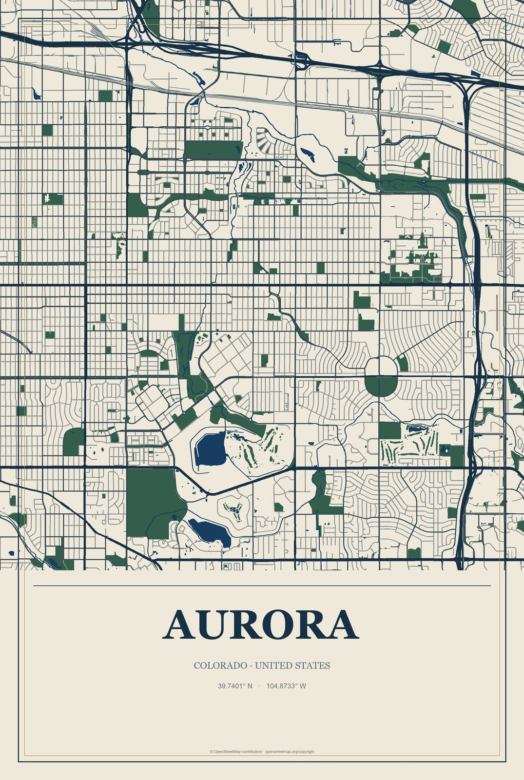 Aurora, Colorado City Map Aluminum Sign in Coastal Cutout style