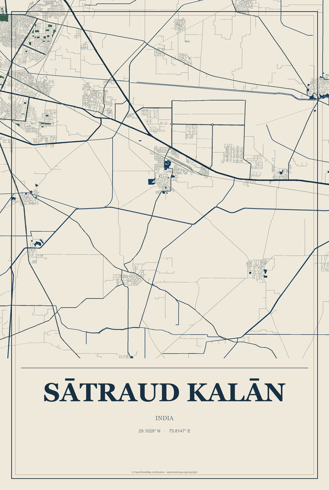 Sātraud Kalān, India City Map Aluminum Sign in Coastal Cutout style