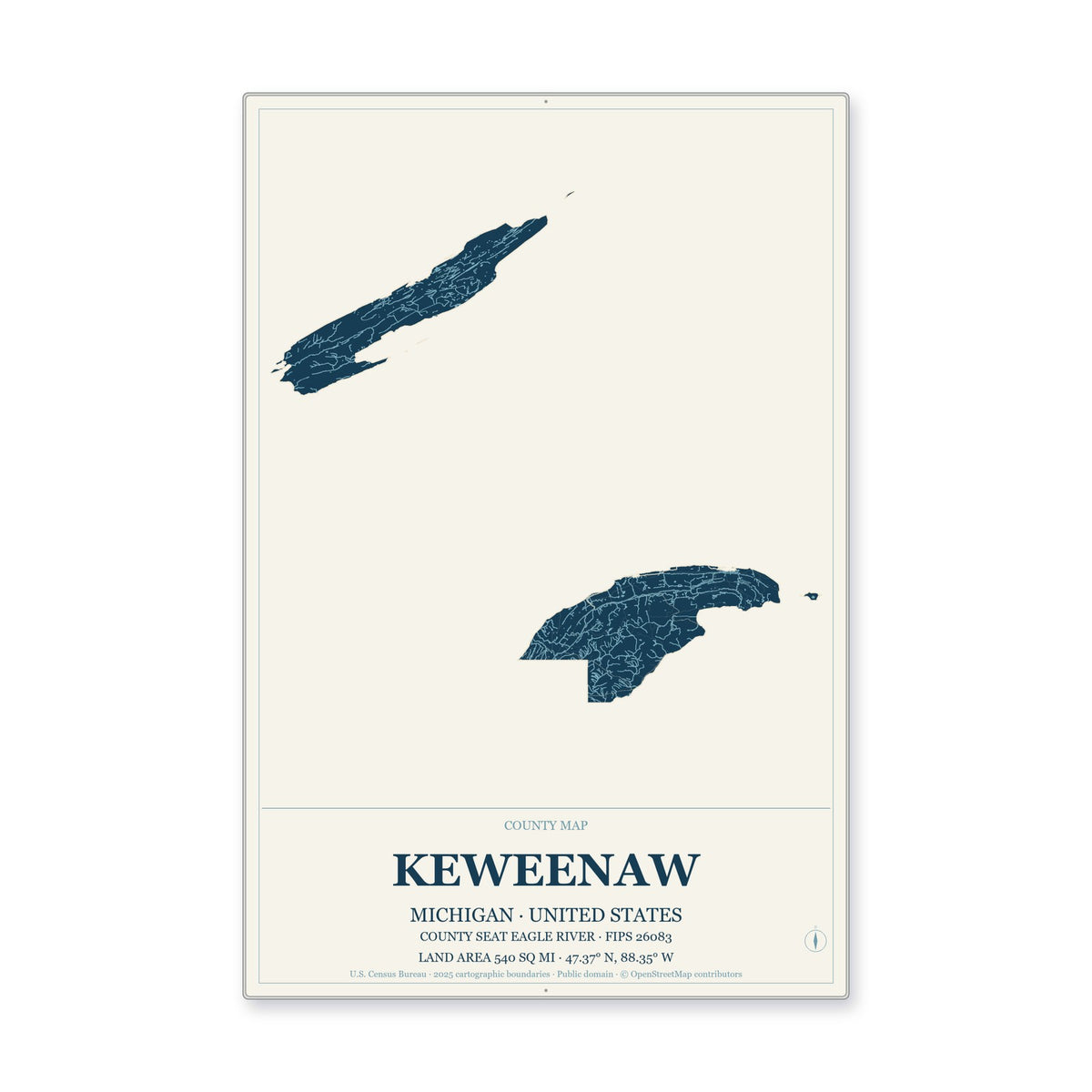 Keweenaw County, Michigan Map Aluminum Sign in Coastal Cutout style