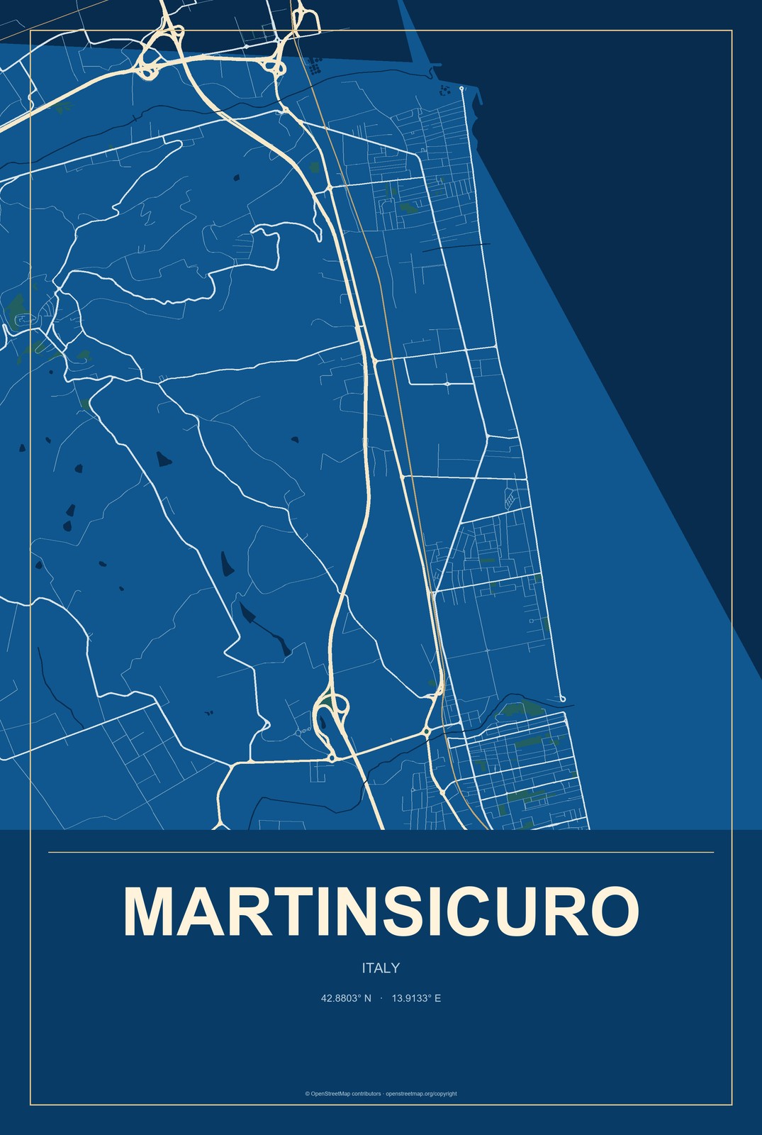 Martinsicuro, Italy City Map Aluminum Sign in Harbor Cobalt style