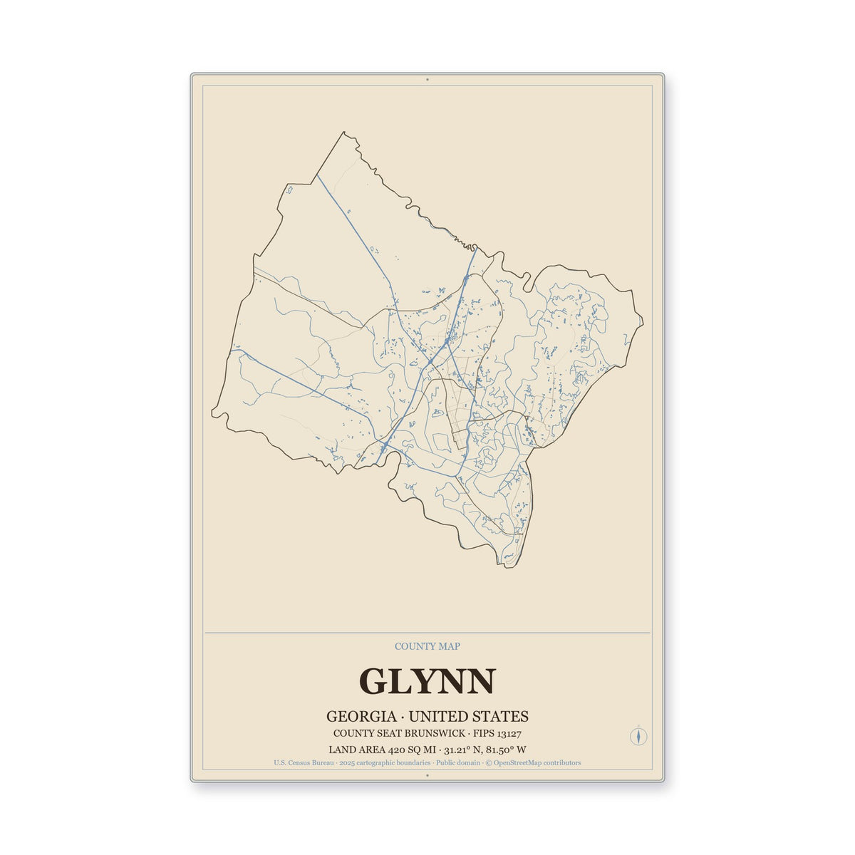 Glynn County, Georgia Map Aluminum Sign in Heritage Nautical style