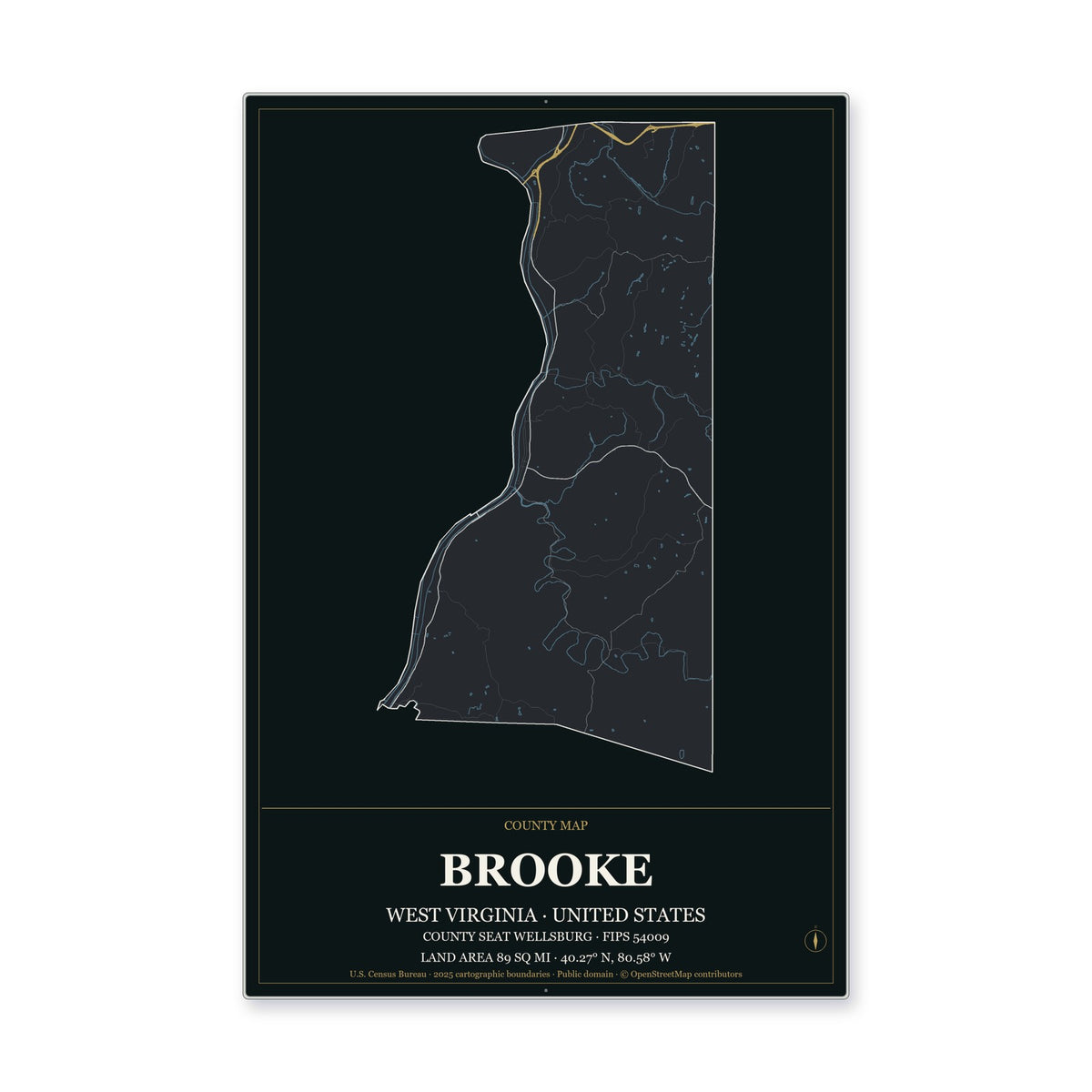 Brooke County, West Virginia Map Aluminum Sign in Metropolitan Noir style
