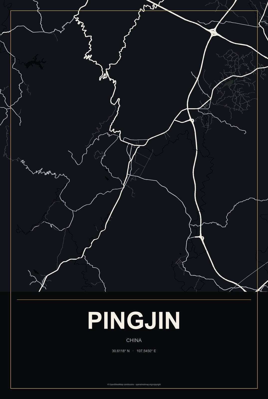 Pingjin, China City Map Aluminum Sign in Metropolitan Noir style