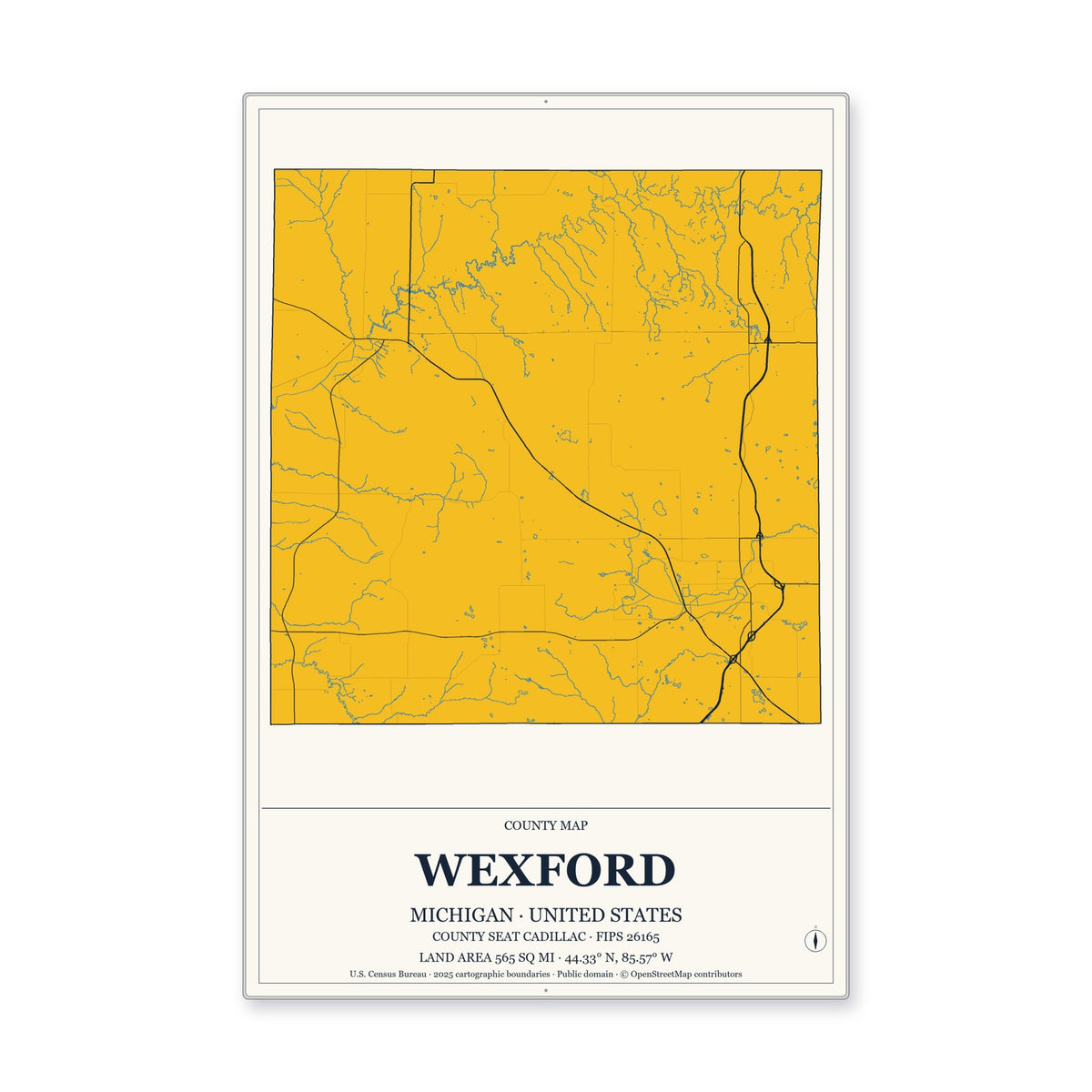 Wexford County, Michigan Map Aluminum Sign in Citrine Modern style