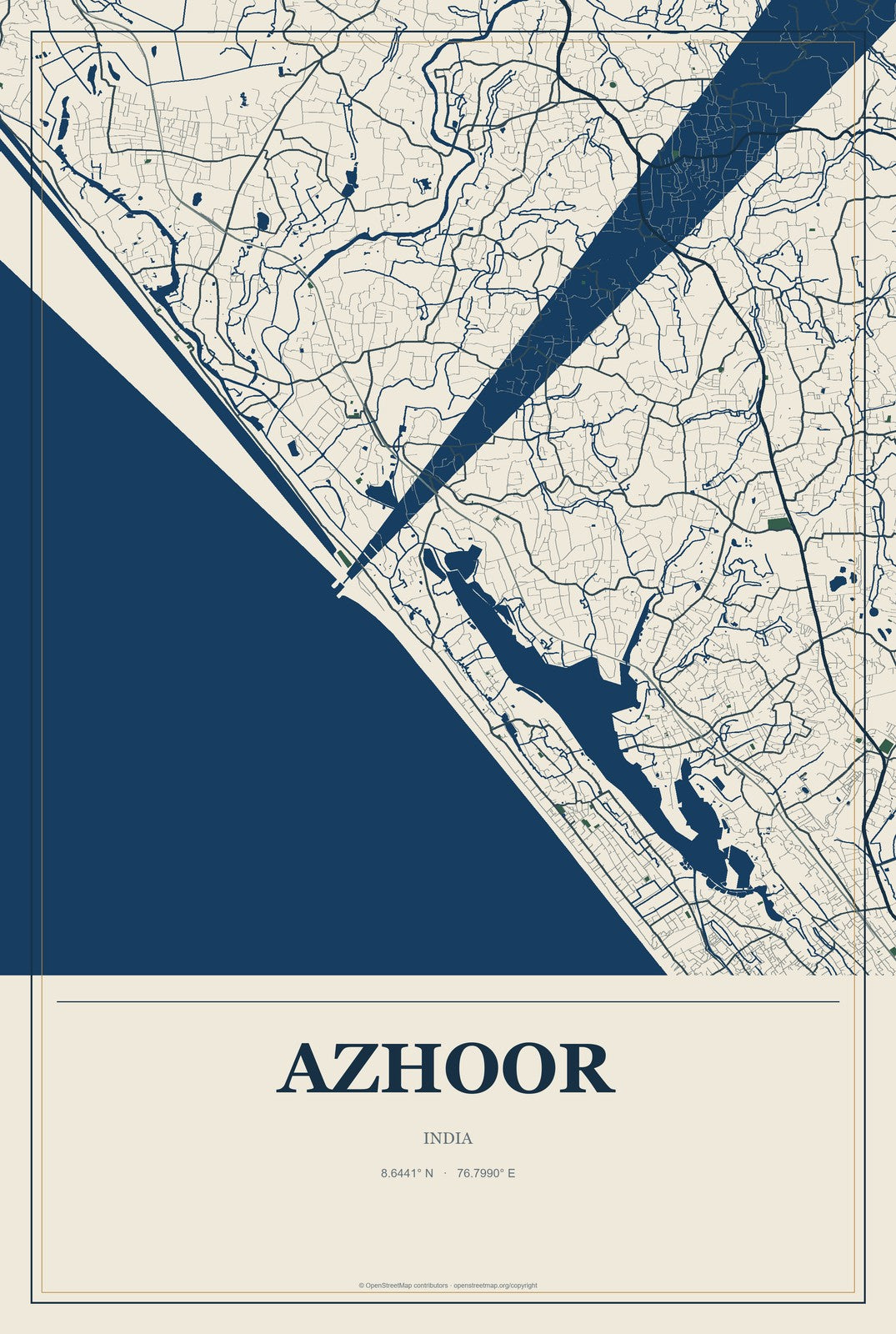 Azhoor, India City Map Aluminum Sign in Coastal Cutout style
