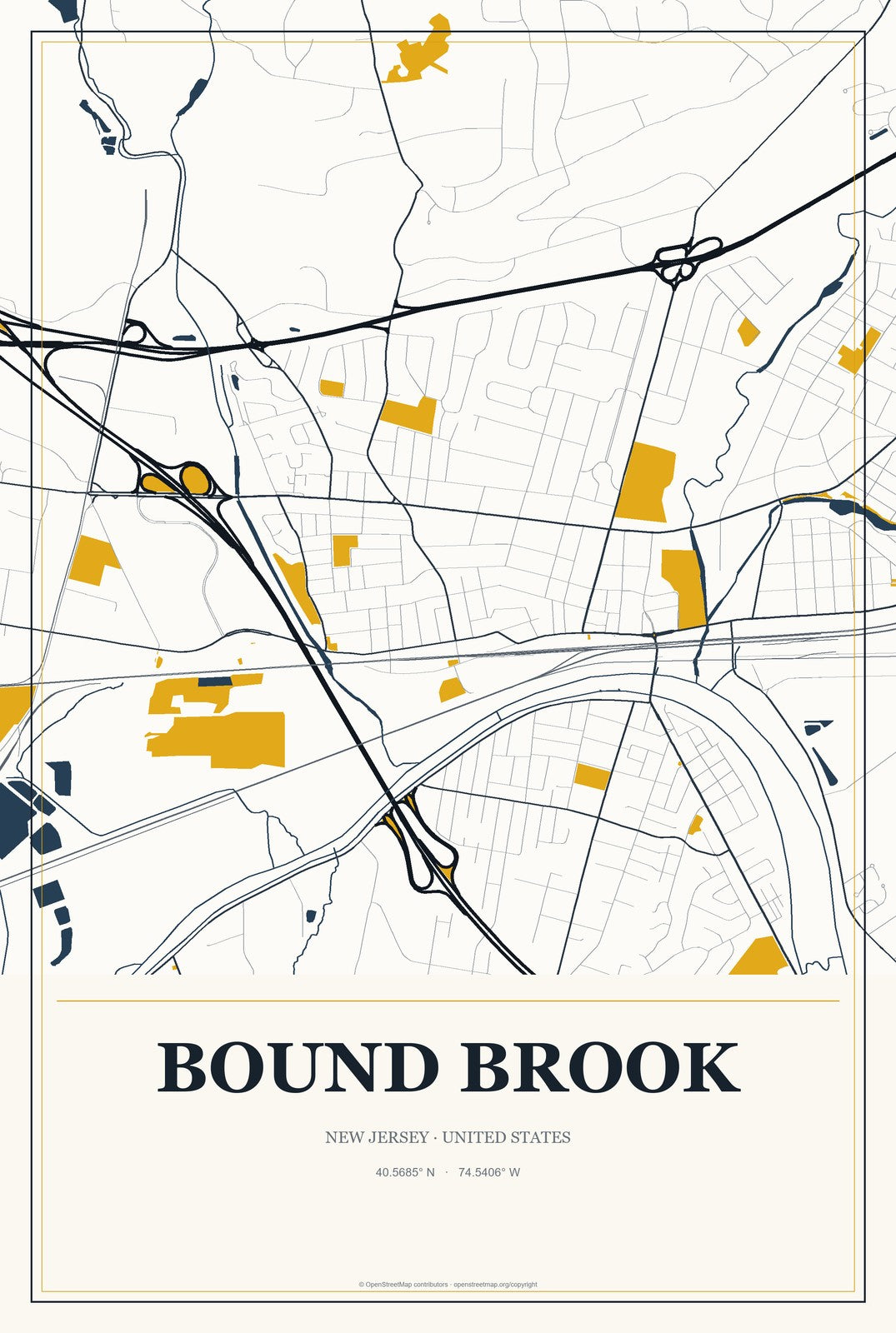 Bound Brook, New Jersey City Map Aluminum Sign in Citrine Modern style