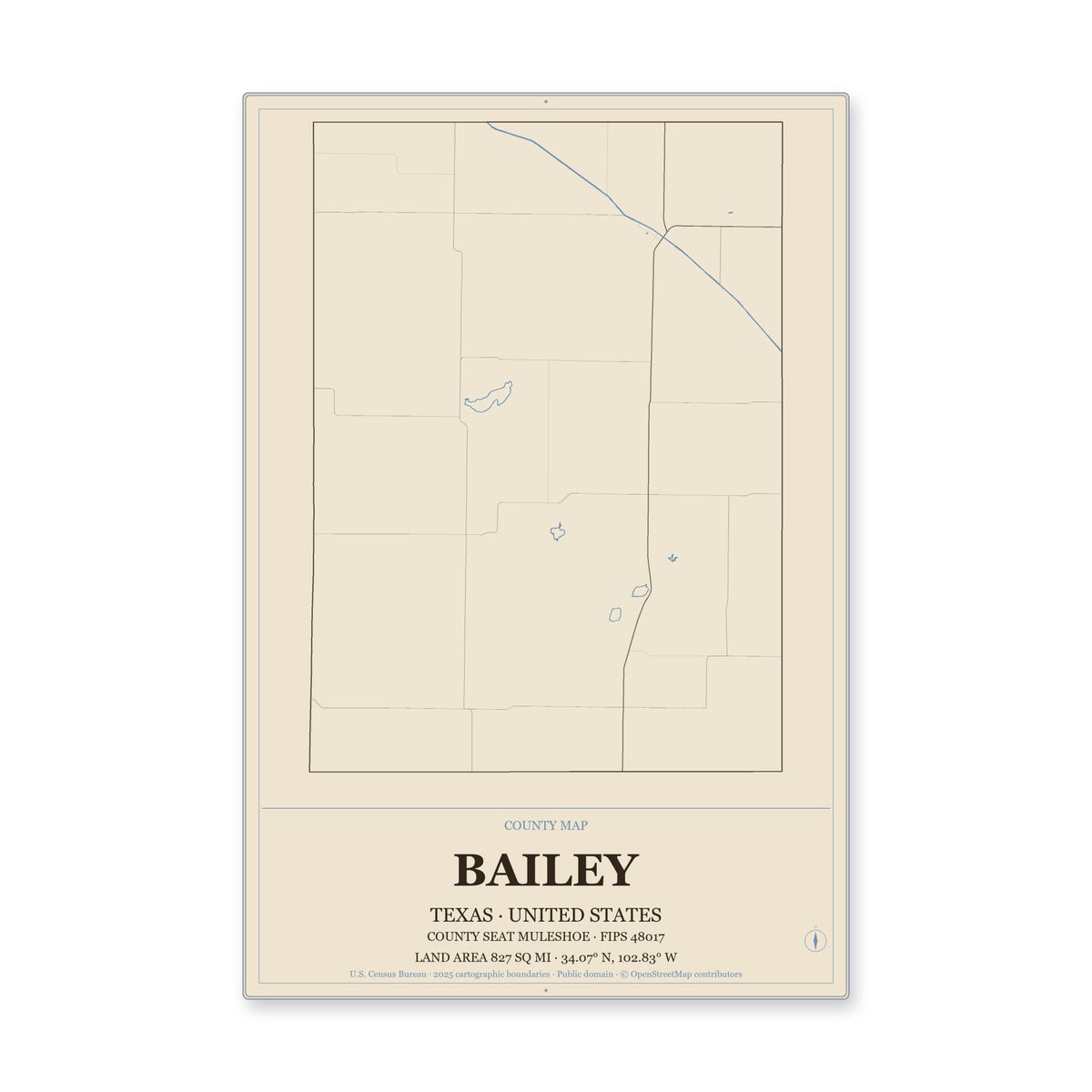 Bailey County, Texas Map Aluminum Sign in Heritage Nautical style