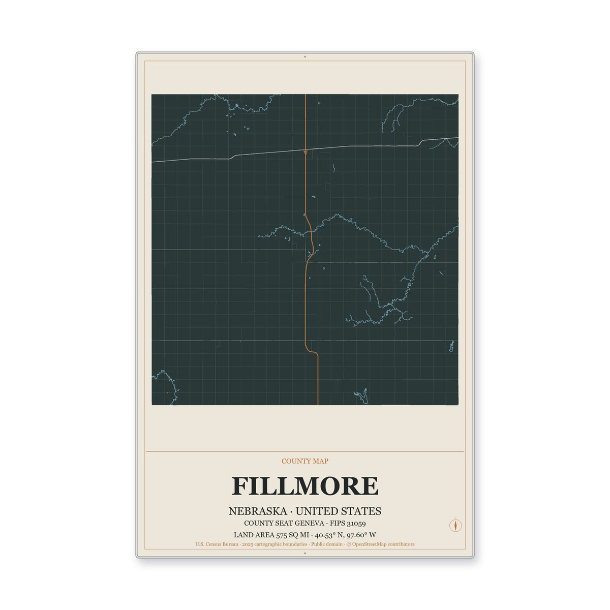 Fillmore County, Nebraska Map Aluminum Sign in Headline Atlas style