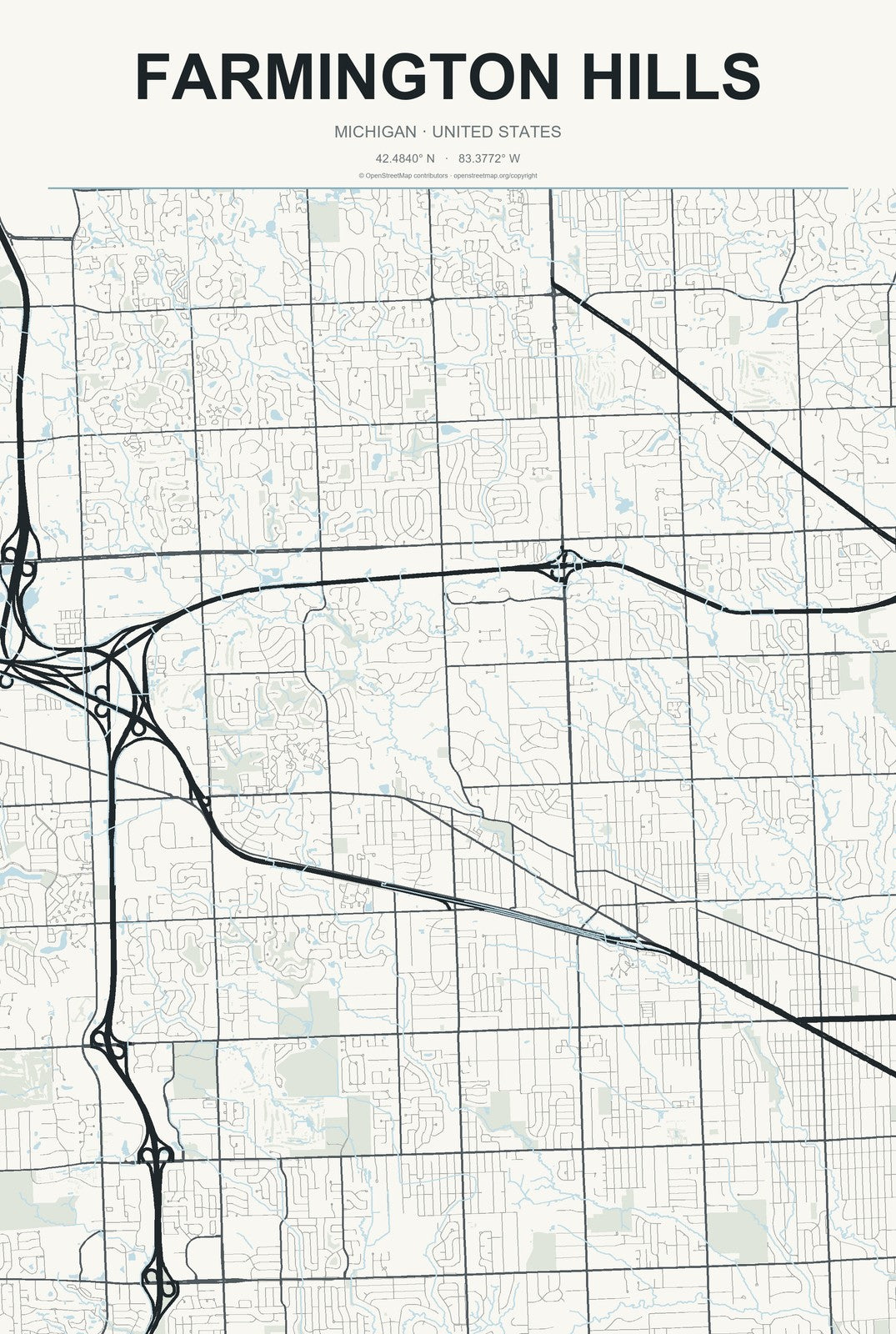 Farmington Hills, Michigan City Map Aluminum Sign in Headline Atlas style
