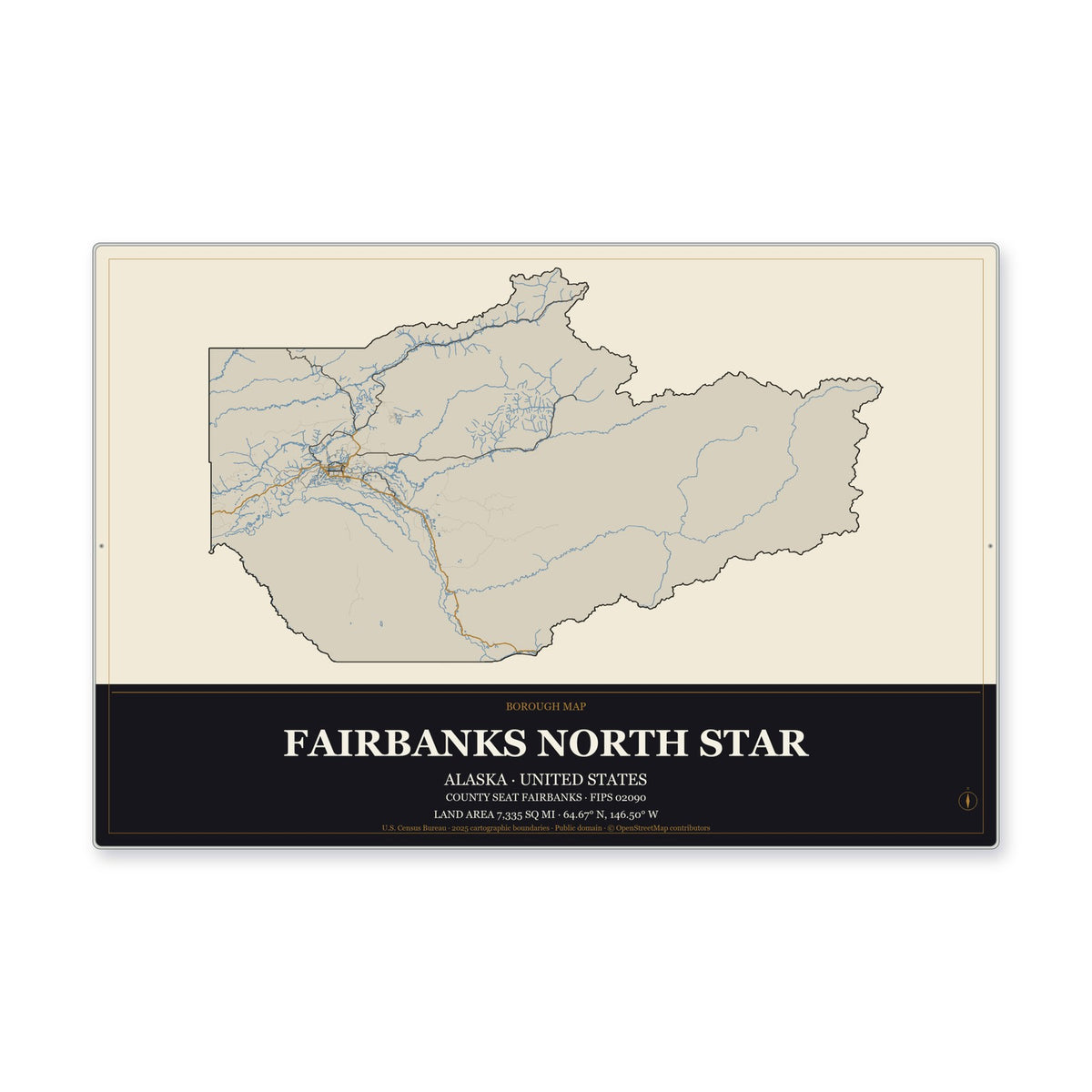 Fairbanks North Star Borough, Alaska Map Aluminum Sign in Museum Plaque style