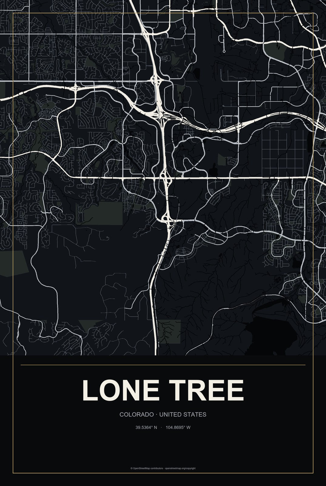 Lone Tree, Colorado City Map Aluminum Sign in Metropolitan Noir style