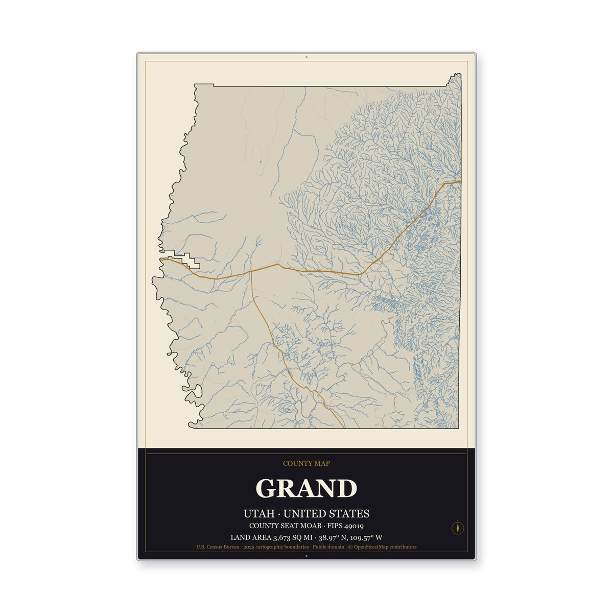 Grand County, Utah Map Aluminum Sign in Museum Plaque style