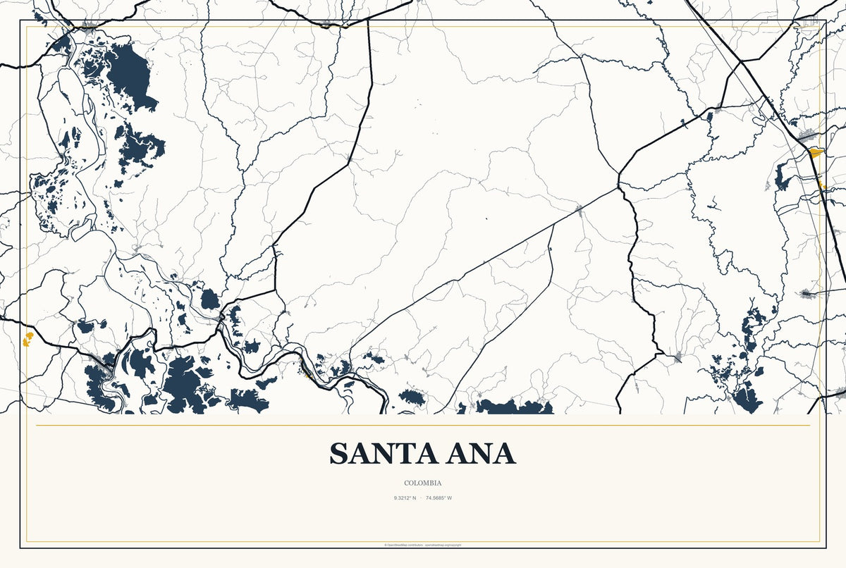 Santa Ana, Colombia City Map Aluminum Sign in Citrine Modern style