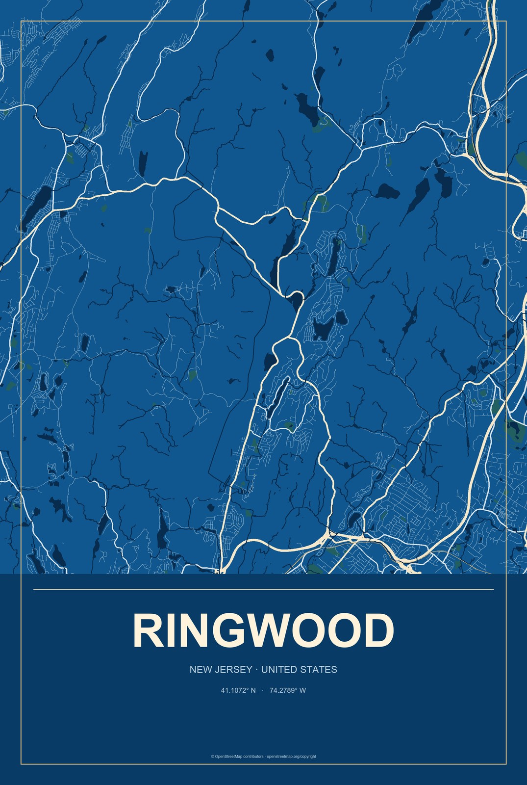 Ringwood, New Jersey City Map Aluminum Sign in Harbor Cobalt style