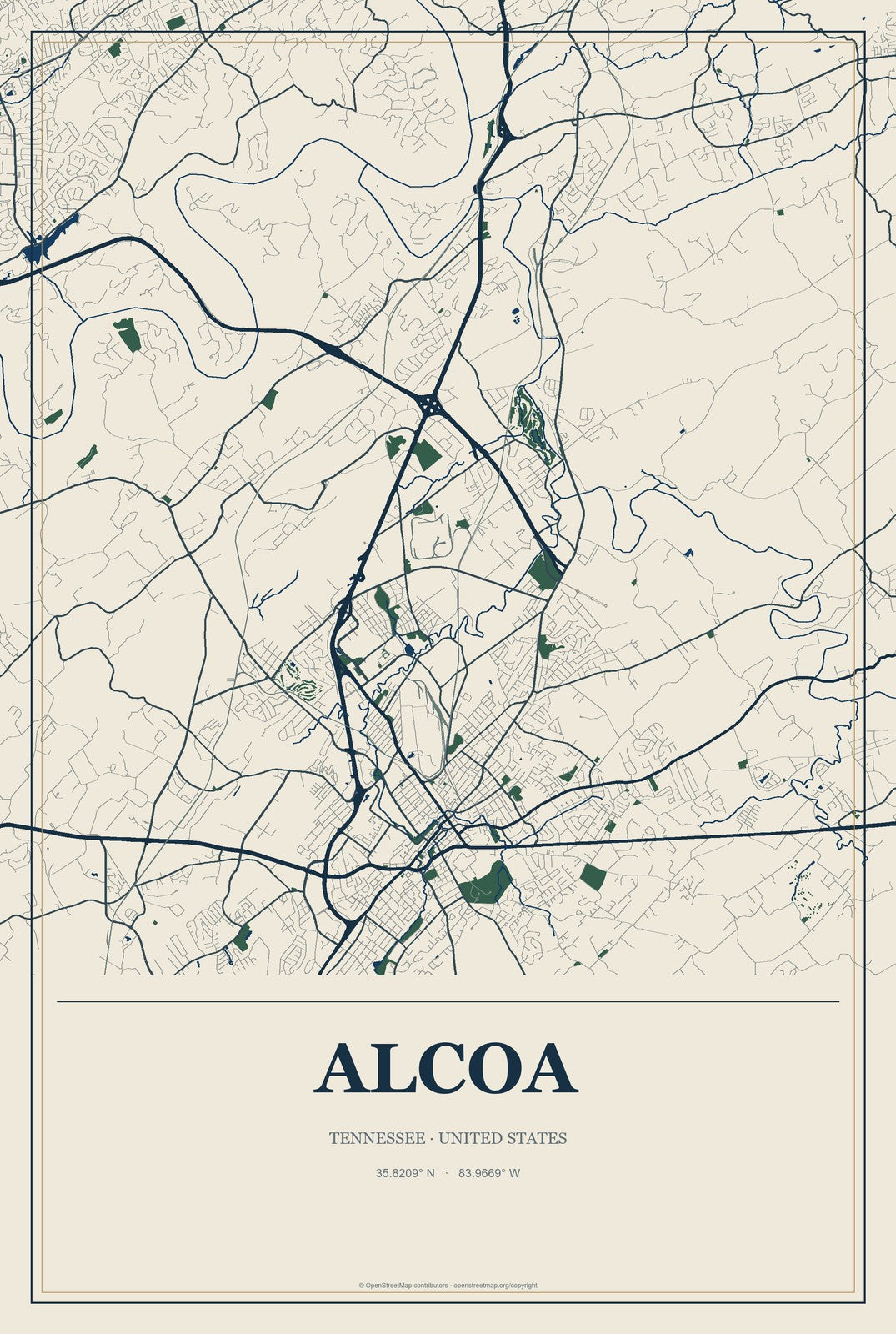 Alcoa, Tennessee City Map Aluminum Sign in Coastal Cutout style