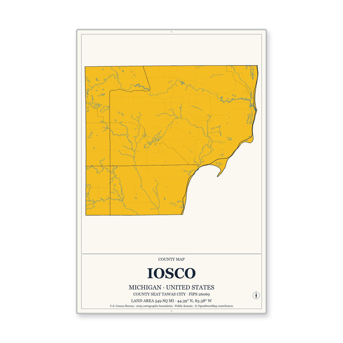 Iosco County, Michigan Map Aluminum Sign in Citrine Modern style