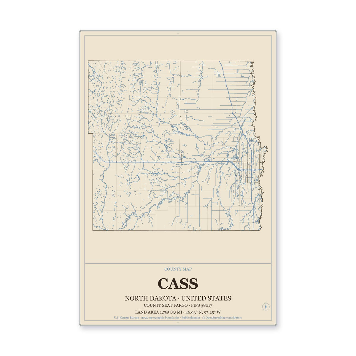 Cass County, North Dakota Map Aluminum Sign in Heritage Nautical style