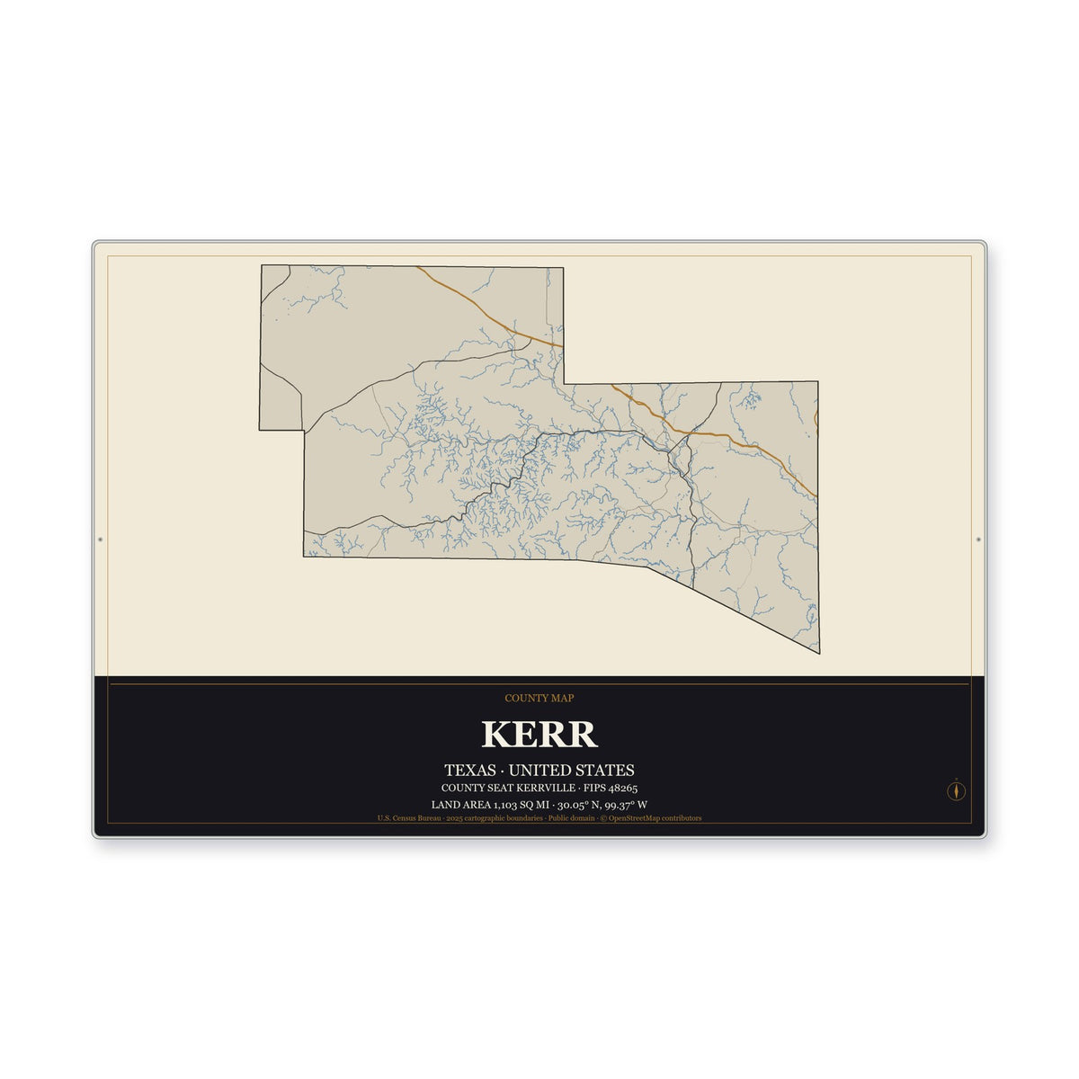 Kerr County, Texas Map Aluminum Sign in Museum Plaque style