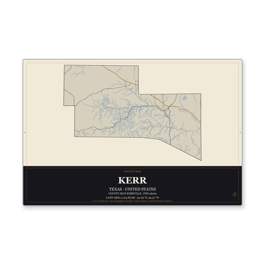 Kerr County, Texas Map Aluminum Sign in Museum Plaque style