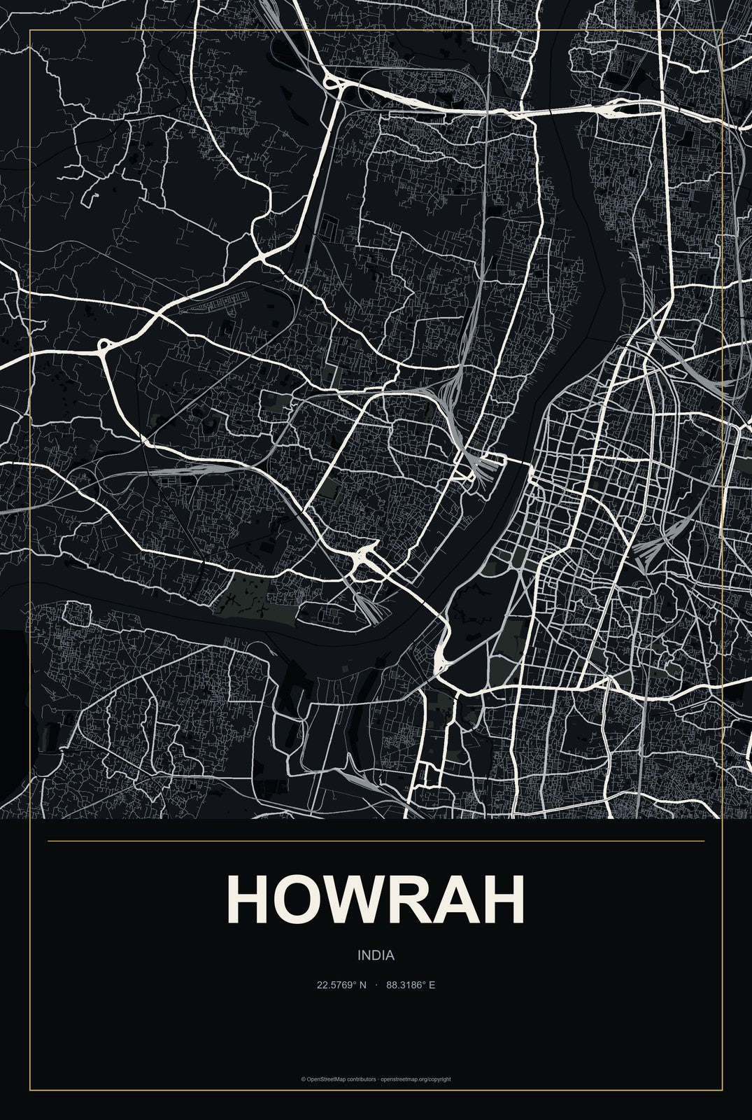 Howrah, India City Map Aluminum Sign in Metropolitan Noir style