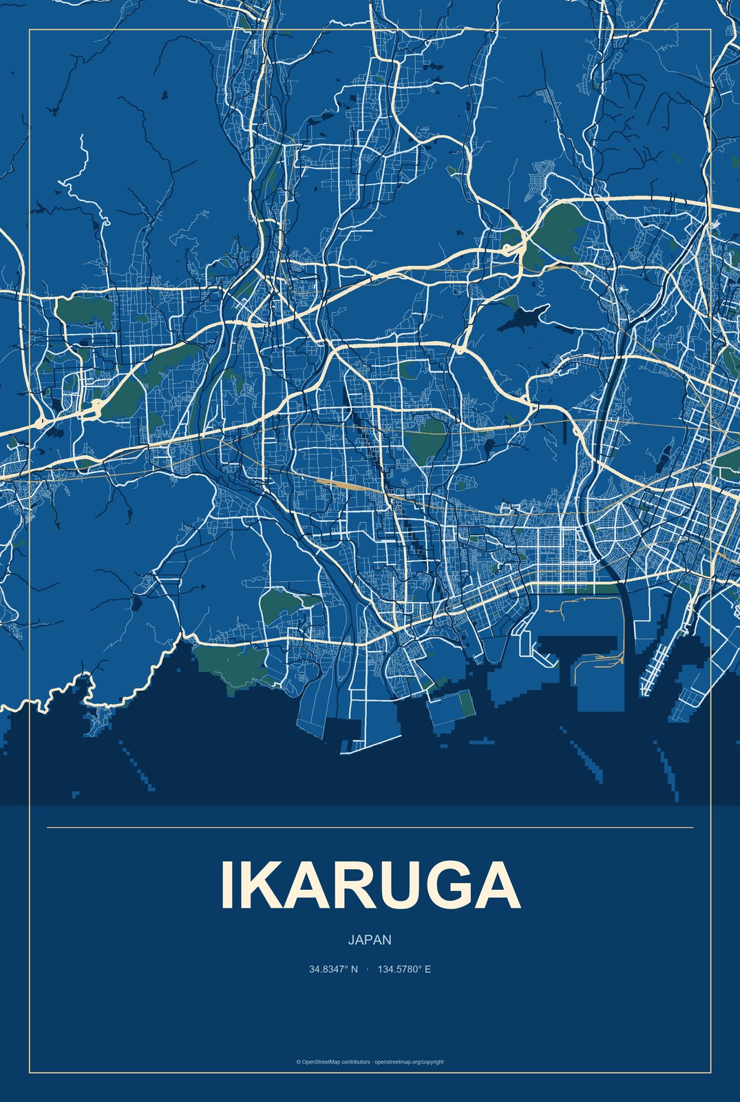 Ikaruga, Japan City Map Aluminum Sign in Harbor Cobalt style